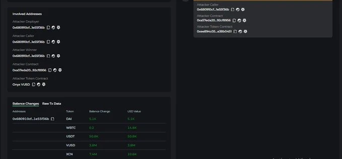 NFT清算合约漏洞遭黑客攻击，Onyx Protocol稳定币VUSD脱锚下跌70% (https://www.qianyan.tech/) 区块链 第3张