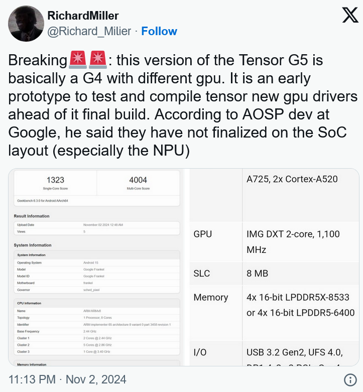 配备PowerVR GPU和不同CPU构成的Tensor G4变体出现在跑分数据库中 - Google Android  (https://www.qianyan.tech/) 头条 第3张